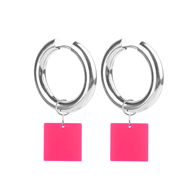 Créoles Epaisses Carré Plexiglass Rose Fuschia