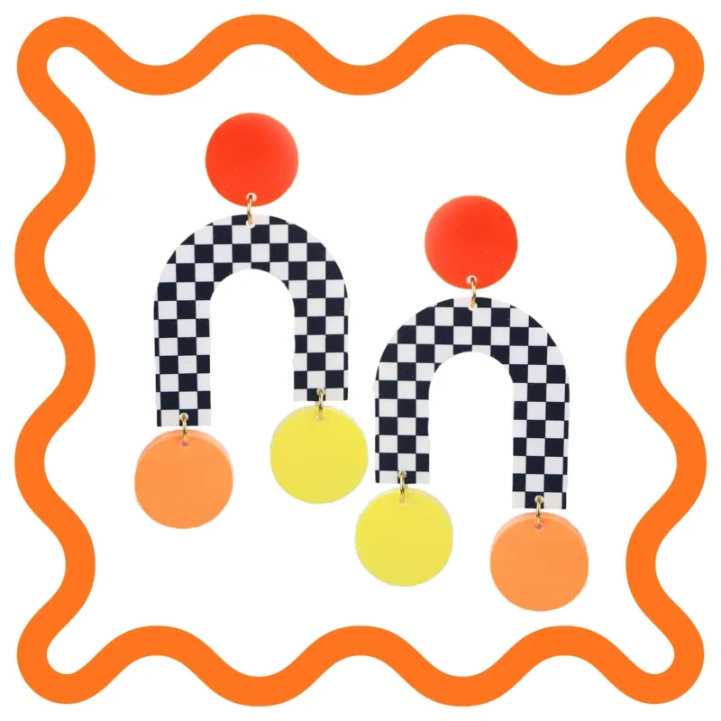 Boucles d'oreilles plexiglass Damier - Orange et Jaune