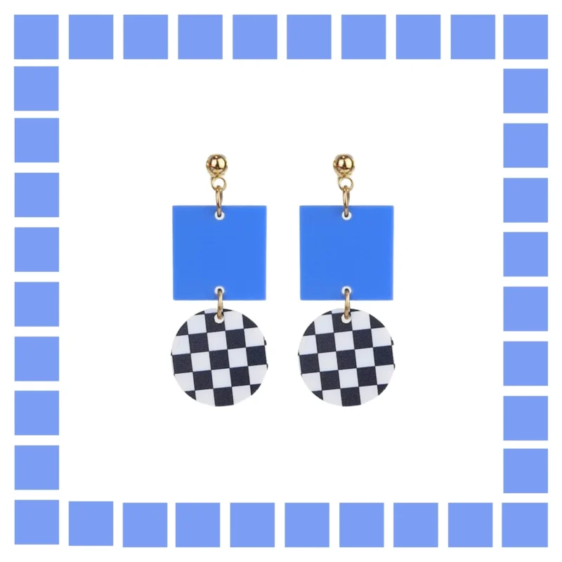 Boucles d'oreilles plexiglass géométrique Damier Bleu Dauphin