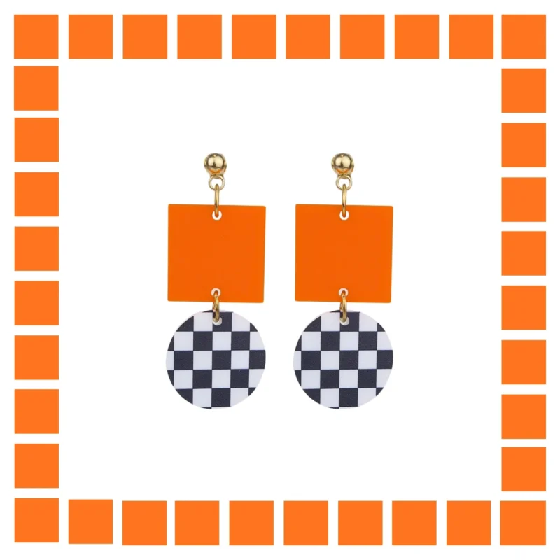 Boucles d'oreilles plexiglass géométrique Damier Orange
